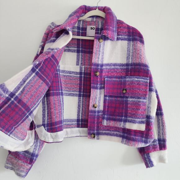 SO Purple White & Pink Flannel Shacket Lapel Collar Button Down Jacket Large - Picture 2 of 9